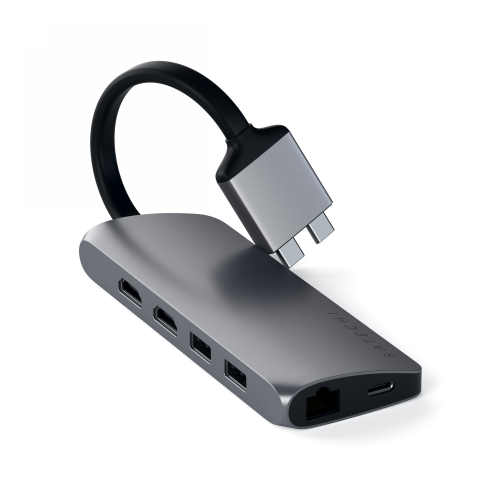 Satechi Distributor - 879961008376 - STH69 - Satechi USB-C Dual Multimedia Adapter to MacBook dual USB-C - USB-C PD 60W, 2x USB-A, 2x HDMI 4K - B2B homescreen