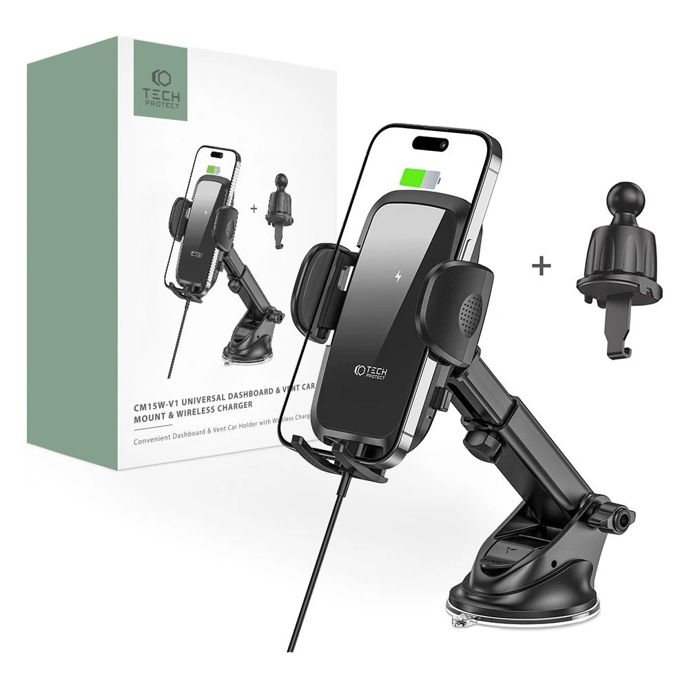 Hurtownia GSM - Auto-Halterung mit kabellosem Ladegerät Tech-Protect CM15W-V1 Auto-Halterung Kabelloses Ladegerät 15W Schwarz - THP2114 - {ean13} - Hurt