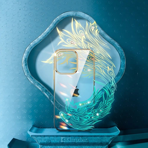 Etui Kingxbar Phoenix Full Swarovski Apple iPhone 14 Plus / 15 Plus złoto-niebieskie