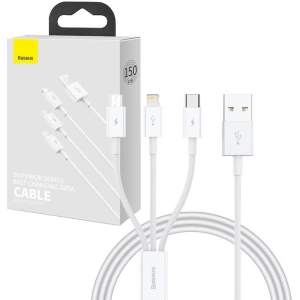 Hurtownia GSM - Kábel Baseus Superior Data USB-A/microUSB - Lightning - USB-C 3.5A 1m (Fehér) - BSU4442 - {ean13} - Hurt