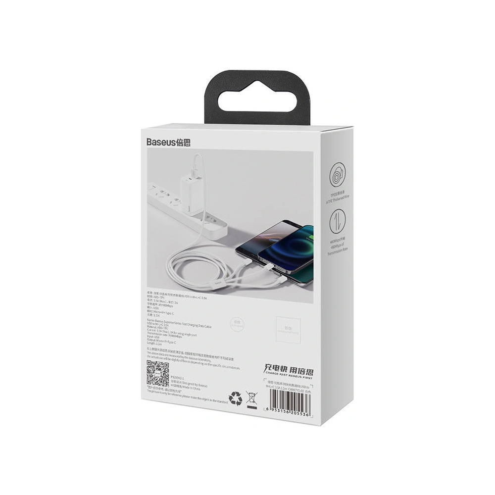 Hurtownia GSM - Kabel Baseus Superior Data USB-A/microUSB - Lightning - USB-C 3.5A 1m (Bílý) - BSU4442 - {ean13} - Hurt