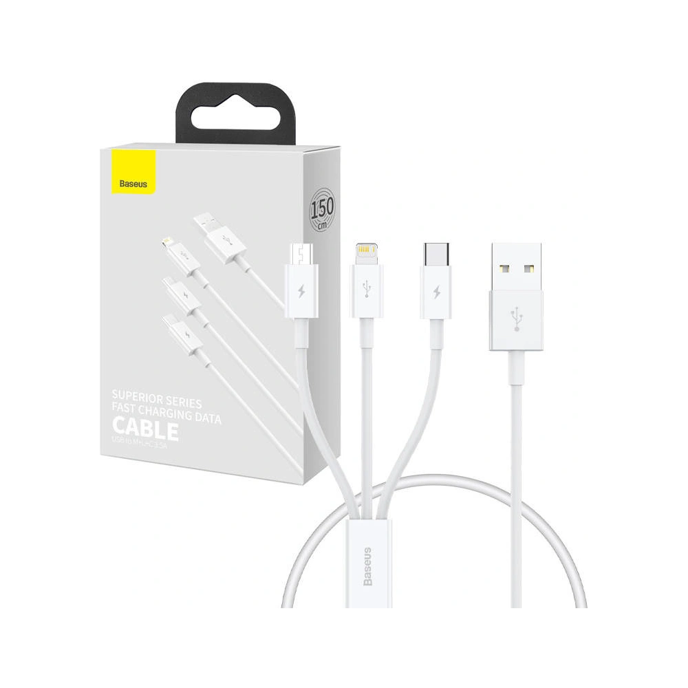 Hurtownia GSM - Kabel Baseus Superior Data USB-A/microUSB - Lightning - USB-C 3.5A 0.5m (Bílá) - BSU4443 - {ean13} - Hurt