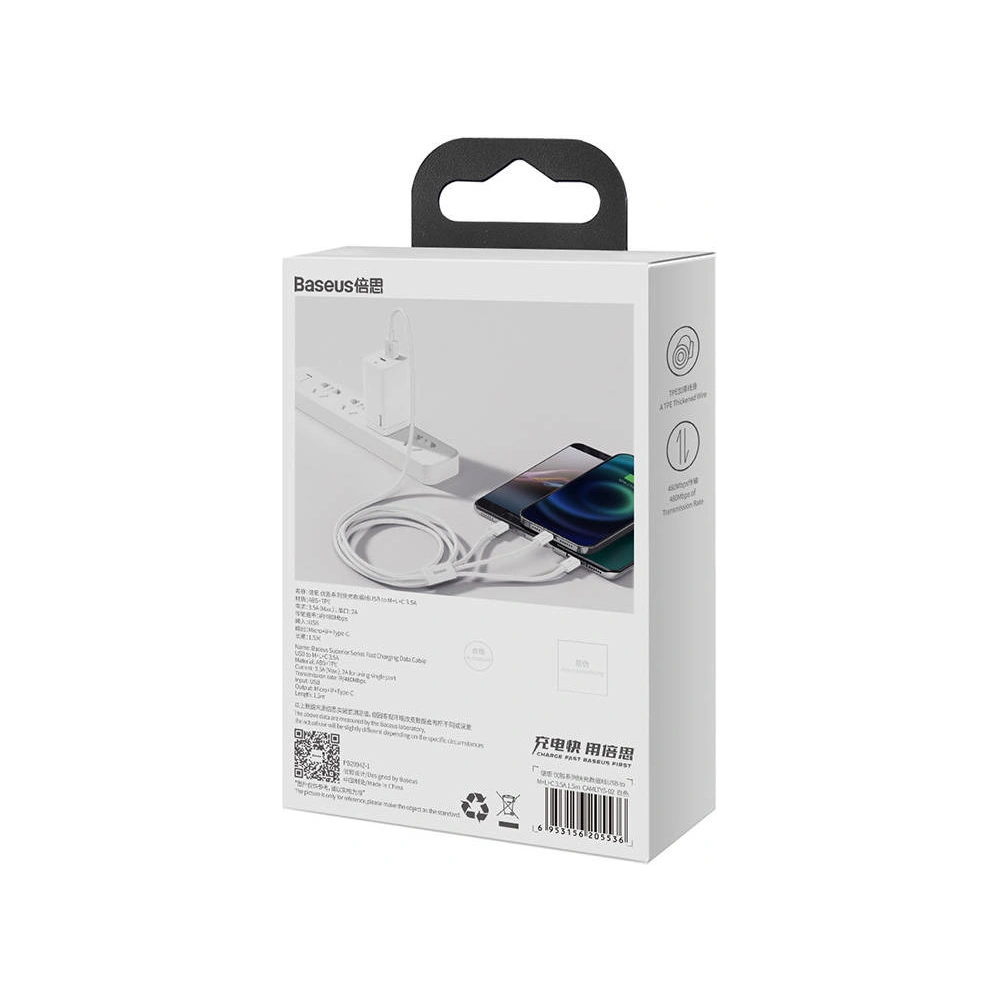 Hurtownia GSM - Kabel Baseus Superior Data USB-A/microUSB - Lightning - USB-C 3.5A 0.5m (Bílá) - BSU4443 - {ean13} - Hurt