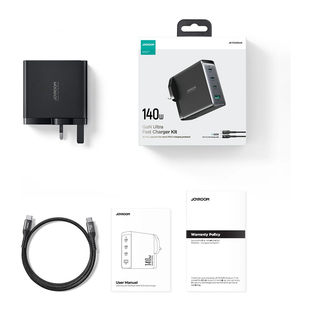 Wholesale Joyroom JR-TCG05EU GaN Wall Charger 3x USB-C/USB-A 140W black + USB-C/USB-C Cable 240W 1.2m - JYR775 - {ean13} - Hurt