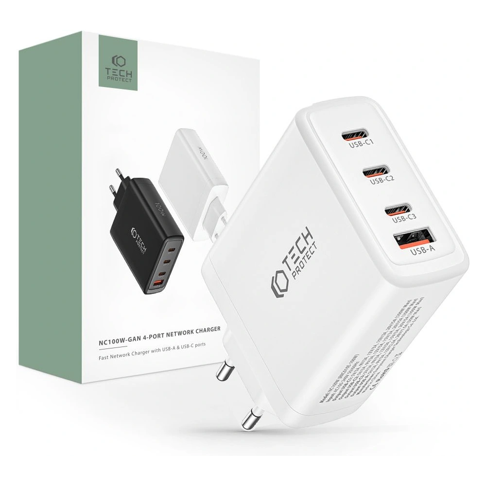 Hurtownia GSM - Síťová nabíječka Tech-Protect NC100W-GaN 4-portová síťová nabíječka PD 100W QC 3.0 bílá - THP2167 - {ean13} - Hurt