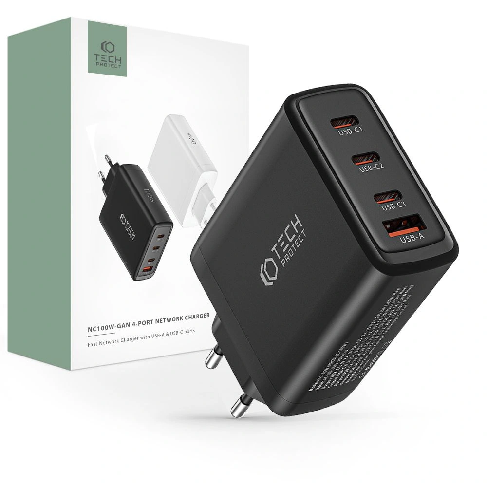 Hurtownia GSM - Încărcătorul de rețea Tech-Protect NC100W-GaN Încărcător de rețea cu 4 porturi PD 100W QC 3.0 Negru - THP2168 - {ean13} - Hurt