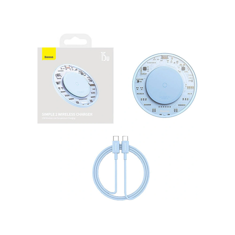 Wholesale Baseus Simple 2 Wireless Charger 15W + USB-C/USB-C cable (blue) - BSU4520 - {ean13} - Hurt