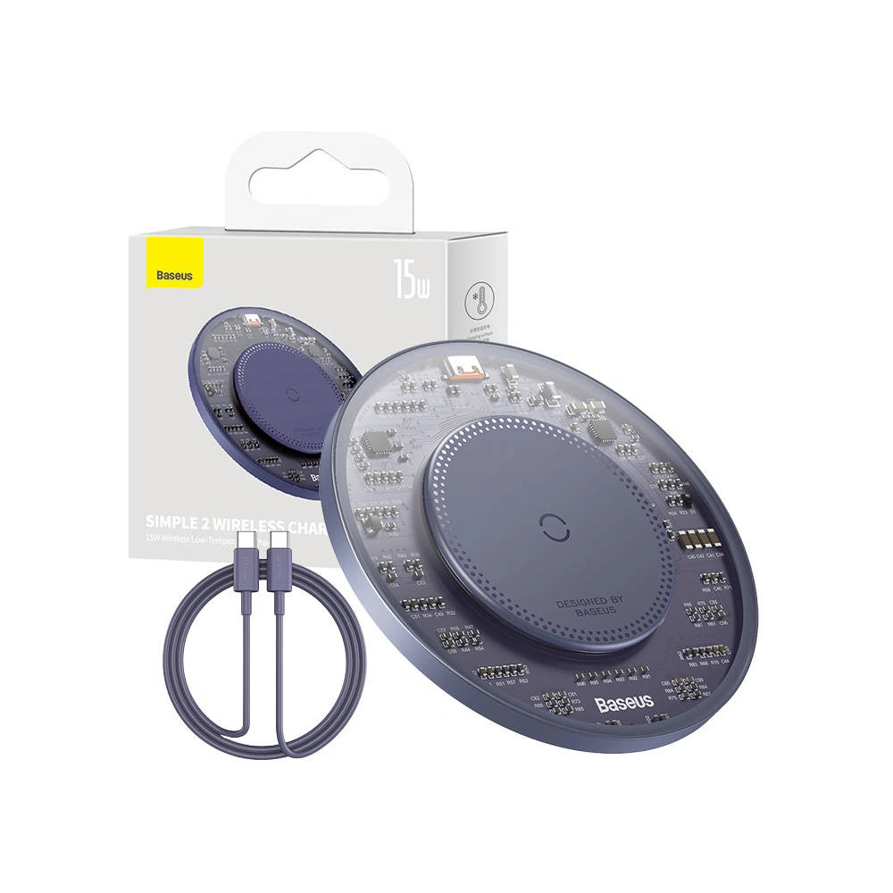 Ładowarka bezprzewodowa Baseus Simple 2 15W + kabel USB-C/USB-C (fioletowa)