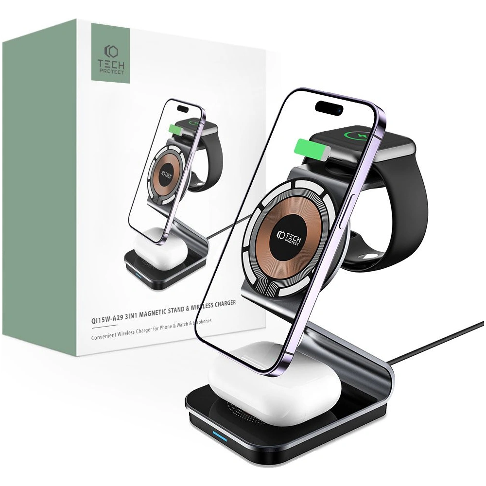 Hurtownia GSM - Kabelloses Ladegerät Tech-Protect Qi15W-A29 3in1 Magnetic MagSafe Wireless Charger Schwarz - THP2187 - {ean13} - Hurt