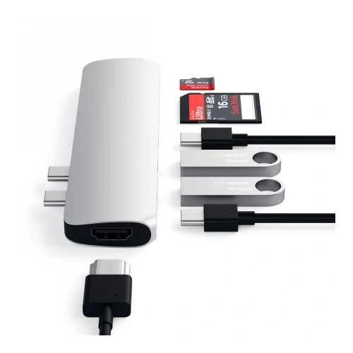 Hub Adapter Satechi Pro z podwójnym USB-C do Apple MacBook 2x USB-A, 4K HDMI, czytnik kart micro/SD (srebrny)