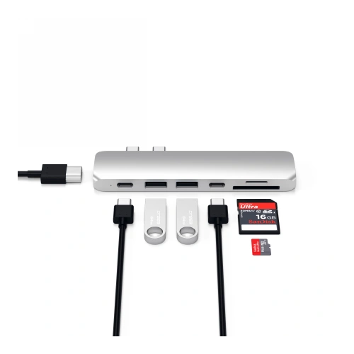 Hub Adapter Satechi Pro z podwójnym USB-C do Apple MacBook 2x USB-A, 4K HDMI, czytnik kart micro/SD (srebrny)