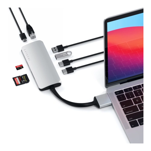 Adapter Satechi Dual Multimedia Type-C do MacBook z podwójnym USB-C, PD, 60W, 2x USB-A, 2x HDMI 4K
