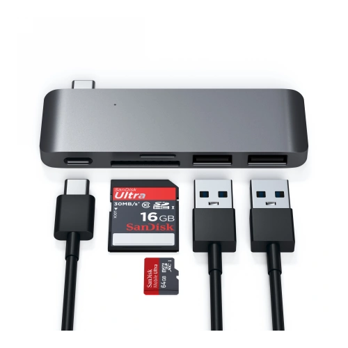 Hub Satechi Type-C USB Pass-through do urządzeń mobilnych USB-C 60W, 2x USB-A, czytnik kart micro/SD space gray