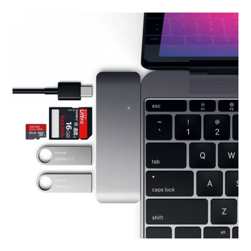 Hub Satechi Type-C USB Pass-through do urządzeń mobilnych USB-C 60W, 2x USB-A, czytnik kart micro/SD space gray