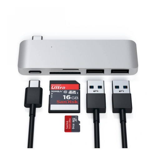 Hub Satechi Type-C USB Pass-through do urządzeń mobilnych USB-C 60W, 2x USB-A, czytnik kart micro/SD silver