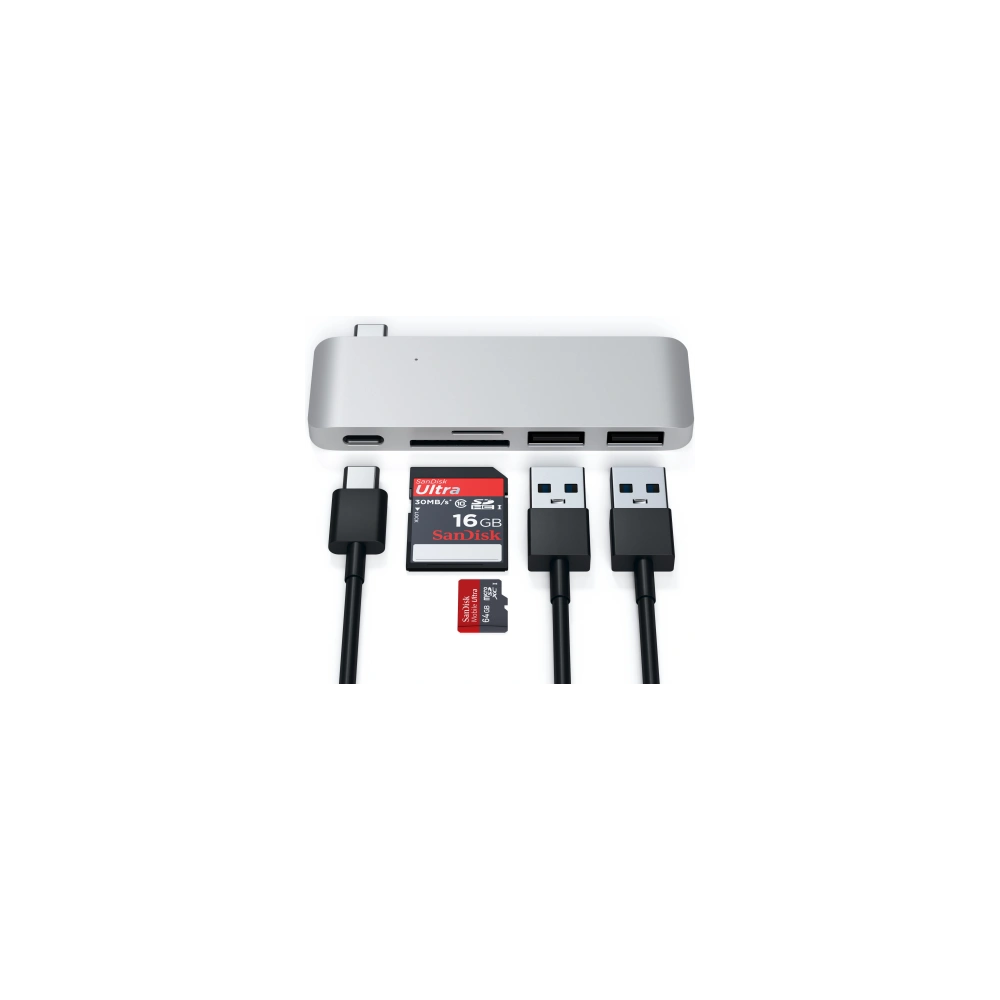 Hurtownia GSM - Hub Satechi Type-C USB Pass-through pentru dispozitive mobile USB-C 60W, 2x USB-A, cititor de carduri micro/SD argintiu - STH83 - {ean13} - Hurt