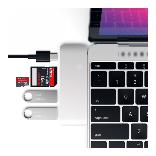 Hub Satechi Type-C USB Pass-through do urządzeń mobilnych USB-C 60W, 2x USB-A, czytnik kart micro/SD silver