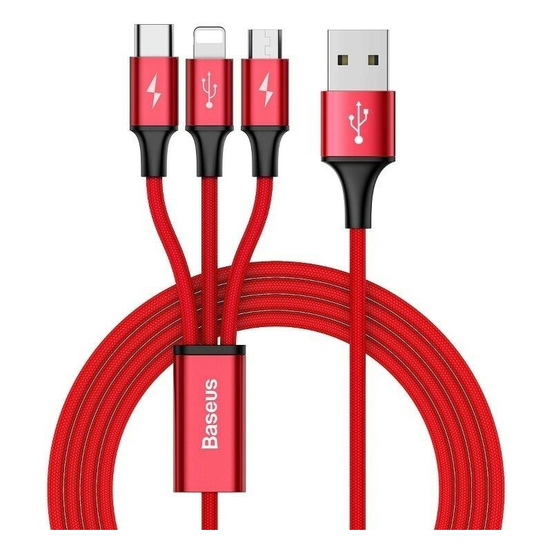 Baseus Distributor - 6953156256385 - BSU176RED - Baseus USB Rapid Cable 3in1 Type-C / Lightning / Micro 3A 1,2M Red - B2B homescreen