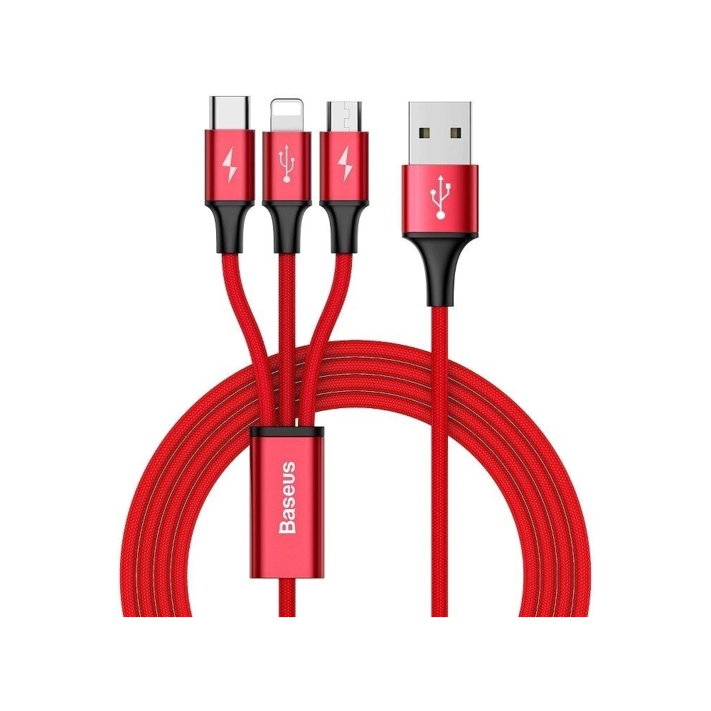 Hurtownia GSM - Kabel USB Baseus Rapid 3w1 Typ C / Lightning / Micro 3A 1,2M - červený - BSU176RED - {ean13} - Hurt