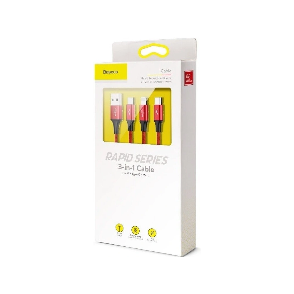 Hurtownia GSM - Kabel USB Baseus Rapid 3w1 Typ C / Lightning / Micro 3A 1,2M - červený - BSU176RED - {ean13} - Hurt
