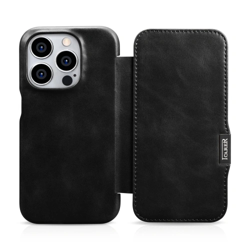 Etui iCarer Curved Edge Oil Wax Real Leather Folio Case MagSafe Apple iPhone 15 Pro czarne