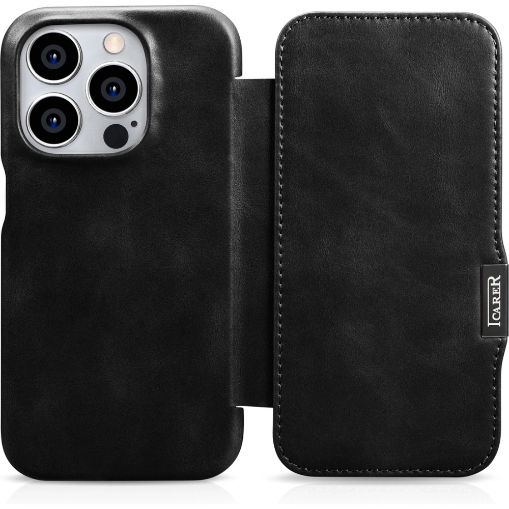 Hurtownia GSM - Case iCarer Curved Edge Oil Wax Echtleder Folio Case MagSafe Apple iPhone 15 Pro schwarz - ICR489 - {ean13} - Hurt