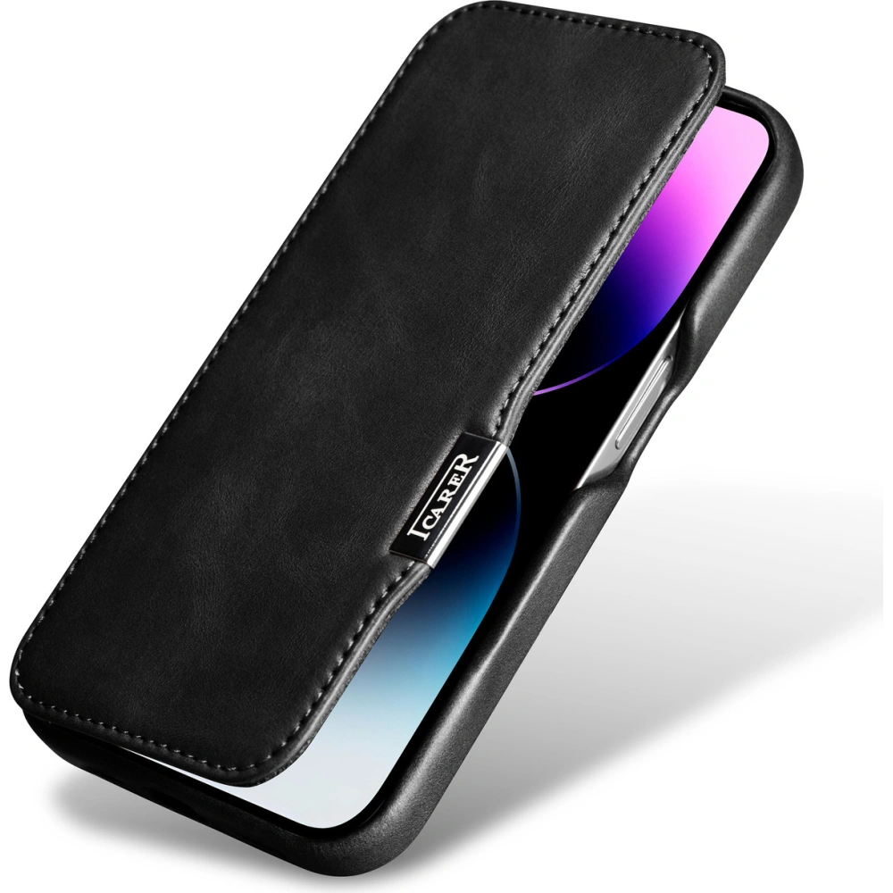 Hurtownia GSM - Case iCarer Curved Edge Oil Wax Echtleder Folio Case MagSafe Apple iPhone 15 Pro schwarz - ICR489 - {ean13} - Hurt