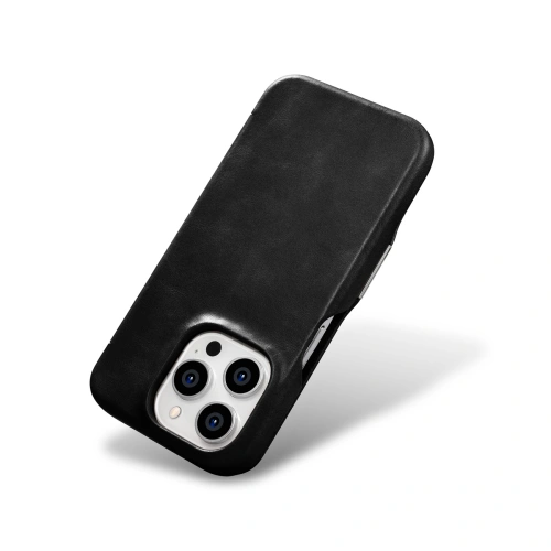 Etui iCarer Curved Edge Oil Wax Real Leather Folio Case MagSafe Apple iPhone 15 Pro czarne