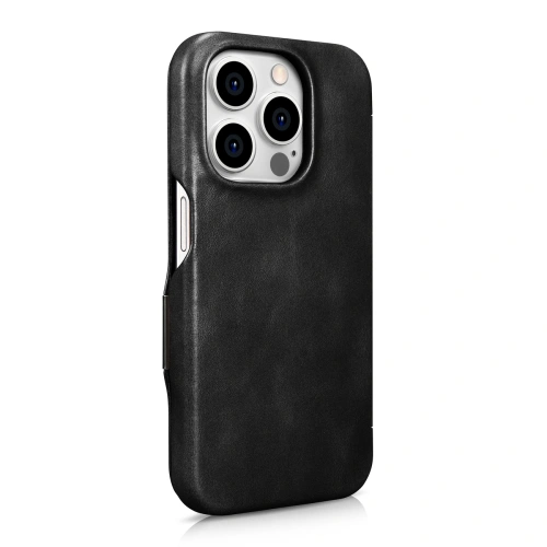 Etui iCarer Curved Edge Oil Wax Real Leather Folio Case MagSafe Apple iPhone 15 Pro czarne