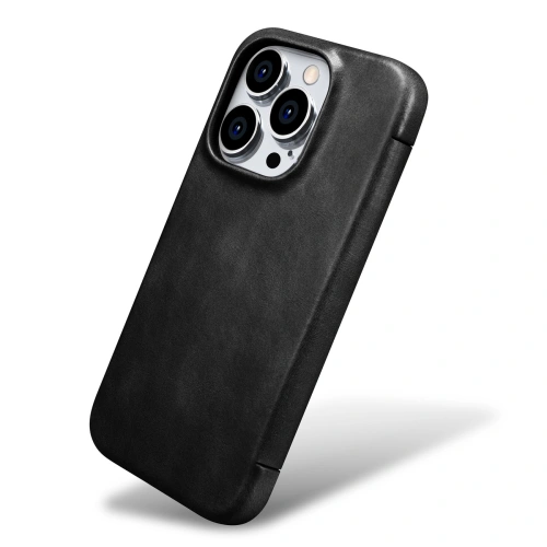 Etui iCarer Curved Edge Oil Wax Real Leather Folio Case MagSafe Apple iPhone 15 Pro czarne