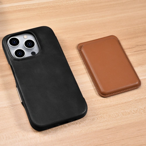 Etui iCarer Curved Edge Oil Wax Real Leather Folio Case MagSafe Apple iPhone 15 Pro czarne