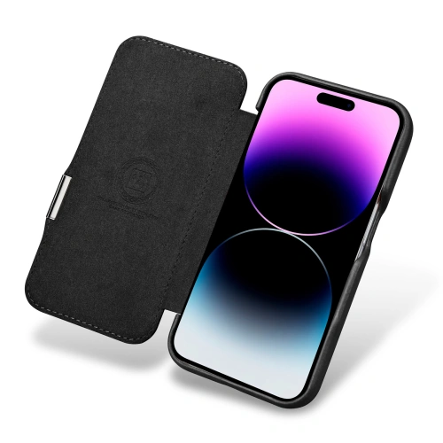 Etui iCarer Curved Edge Oil Wax Real Leather Folio Case MagSafe Apple iPhone 15 Pro czarne