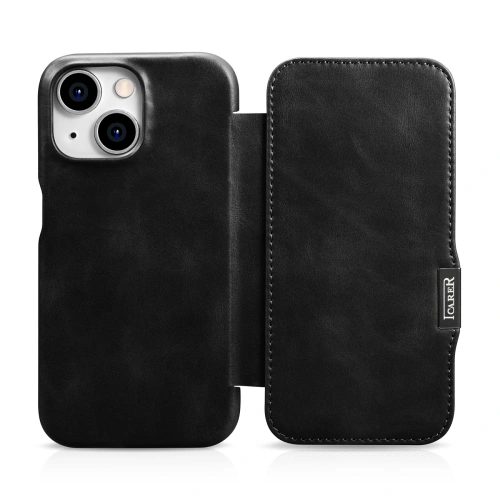 Etui iCarer Curved Edge Oil Wax Real Leather Folio Case MagSafe Apple iPhone 15 czarne