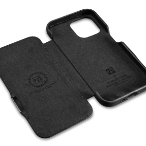 Etui iCarer Curved Edge Oil Wax Real Leather Folio Case MagSafe Apple iPhone 15 negre