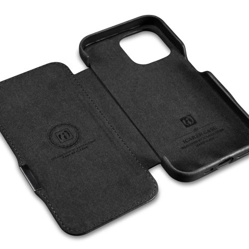 Etui iCarer Curved Edge Oil Wax Real Leather Folio Case MagSafe Apple iPhone 15 czarne