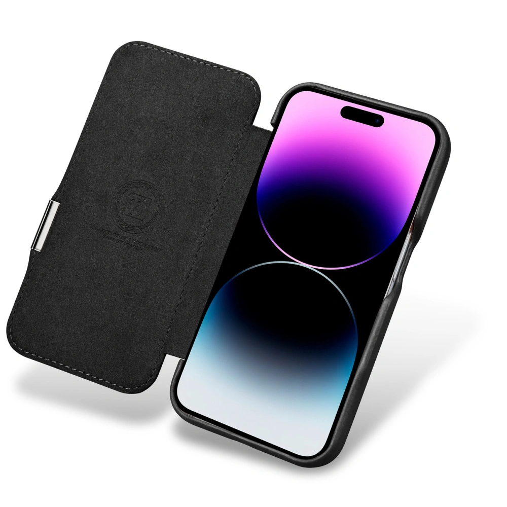 Hurtownia GSM - Etui iCarer ívelt szélű olajviasz valódi bőr könyvtok MagSafe Apple iPhone 15 fekete - ICR490 - {ean13} - Hurt