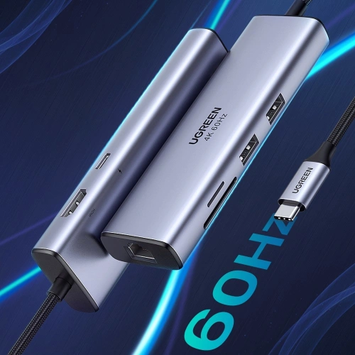 Adapter UGREEN CM511 Hub 5w1, USB-C do HDMI 1.4, 3xUSB-A , USB-C, PD, 100W (szary)