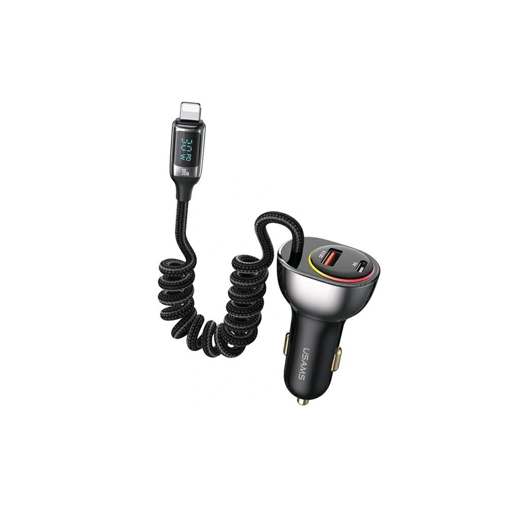Hurtownia GSM - USAMS US-CC193 autós töltő 1xUSB-A 18W+1xUSB-C 30W + Lightning kábel 30W PD+QC Gyors Töltés fekete/black - USA990 - {ean13} - Hurt