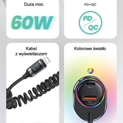 Ładowarka samochodowa USAMS US-CC193 1xUSB-A 18W+1xUSB-C 30W + kabel Ligtning 30W PD+QC Fast Charge czarny/black