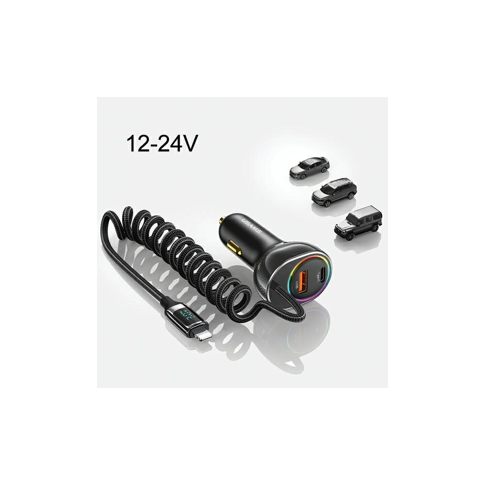 Hurtownia GSM - Încărcător auto USAMS US-CC193 1xUSB-A 18W + 1xUSB-C 30W + cablu Lightning 30W PD + QC Încărcare rapidă negru/black - USA990 - {ean13} - Hurt