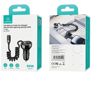 Hurtownia GSM - USAMS US-CC193 autós töltő 1xUSB-A 18W+1xUSB-C 30W + Lightning kábel 30W PD+QC Gyors Töltés fekete/black - USA990 - {ean13} - Hurt