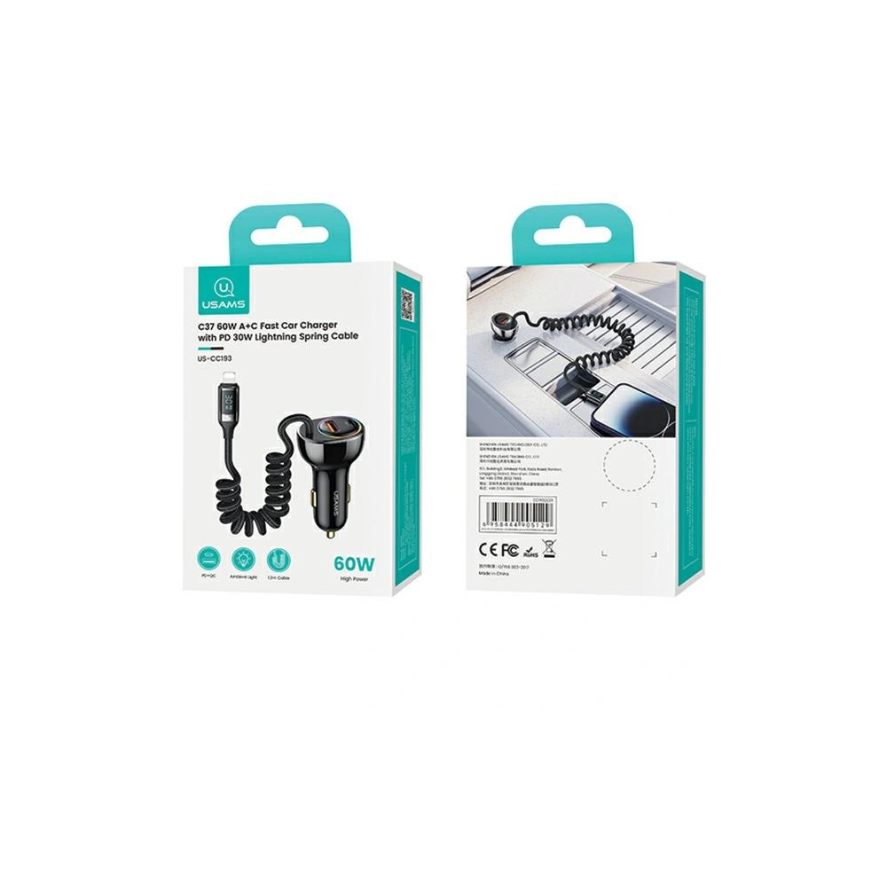 Hurtownia GSM - USAMS US-CC193 autós töltő 1xUSB-A 18W+1xUSB-C 30W + Lightning kábel 30W PD+QC Gyors Töltés fekete/black - USA990 - {ean13} - Hurt