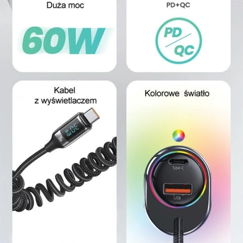 Ładowarka samochodowa USAMS US-CC192 1xUSB-A 18W+1xUSB-C 30W + kabel USB-C 30W PD+QC Fast Charge czarny/black