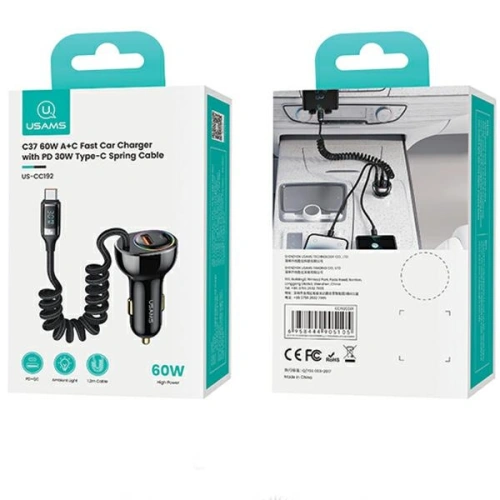 Ładowarka samochodowa USAMS US-CC192 1xUSB-A 18W+1xUSB-C 30W + kabel USB-C 30W PD+QC Fast Charge czarny/black