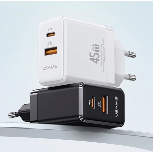 Hurtownia GSM - Síťová nabíječka USAMS CC178TC02 1xUSB-C+1xUSB-A 45W GaN PD+QC rychlé nabíjení bílá/white - USA1001 - {ean13} - Hurt