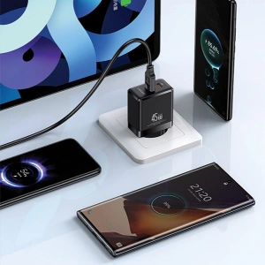 Hurtownia GSM - Síťová nabíječka USAMS CC178TC02 1xUSB-C+1xUSB-A 45W GaN PD+QC rychlé nabíjení bílá/white - USA1001 - {ean13} - Hurt
