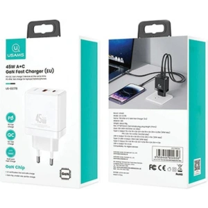 Hurtownia GSM - Síťová nabíječka USAMS CC178TC02 1xUSB-C+1xUSB-A 45W GaN PD+QC rychlé nabíjení bílá/white - USA1001 - {ean13} - Hurt