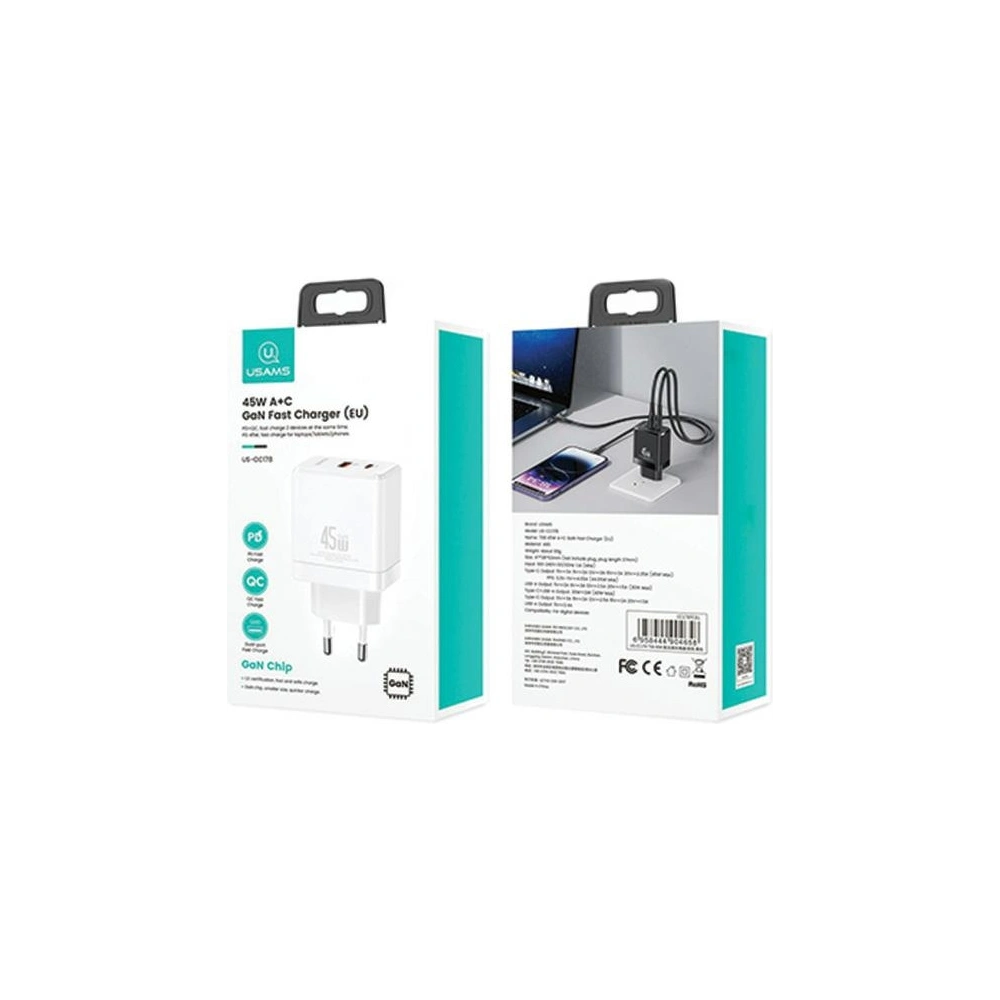 Hurtownia GSM - USAMS CC178TC02 Netzladegerät 1xUSB-C+1xUSB-A 45W GaN PD+QC Schnellladung weiß/white - USA1001 - {ean13} - Hurt