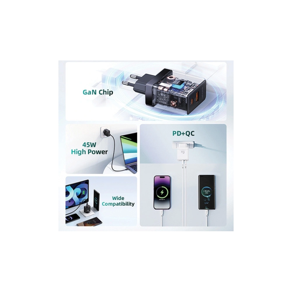 Wholesale USAMS CC178TC01 wall charger 1xUSB-C+1xUSB-A 45W GaN PD+QC Fast Charging black - USA1002 - {ean13} - Hurt