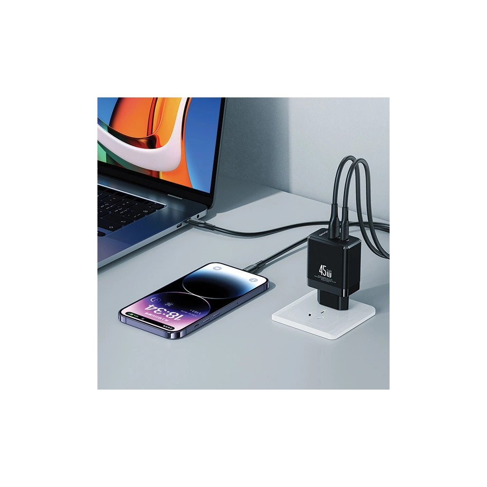 Hurtownia GSM - Încărcător de rețea USAMS CC178TC01 1xUSB-C + 1xUSB-A 45W GaN PD + QC Încărcare rapidă negru/black - USA1002 - {ean13} - Hurt